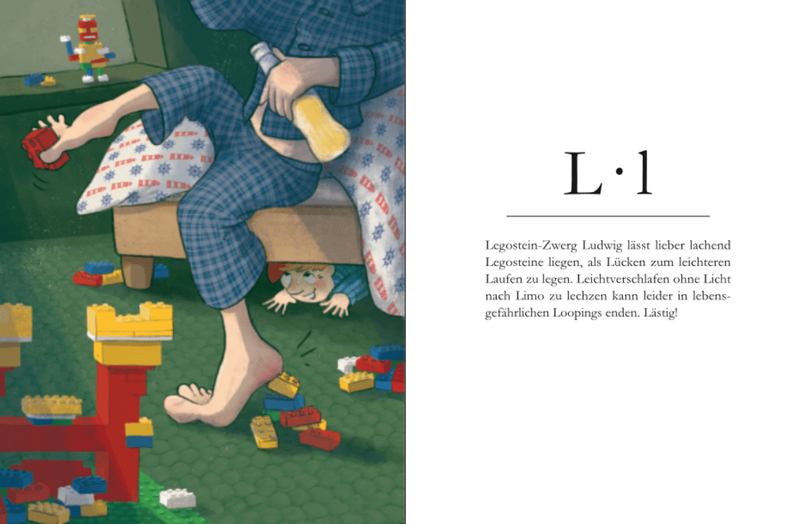 Eine Seite des Buches zeigt Legosteinzwerg Ludwig